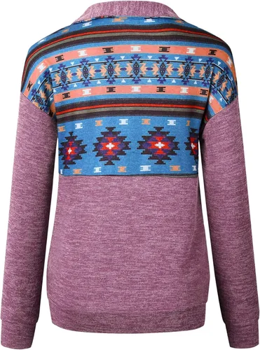 Vista 4 de Sudadera con media cremallera para mujer, casual, estampado azteca, manga larga, con bolsillo