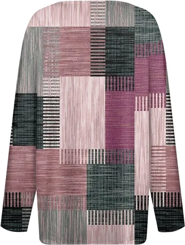 Vista 4 de Camisas geométricas casuales de manga larga para mujer, con tres botones, estampado a cuadros, camisetas básicas de retazos de gran