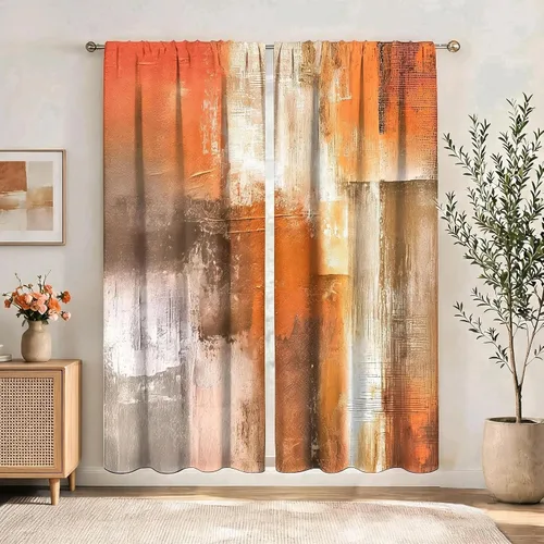 Vista 12 de MESHELLY Cortinas Rojas Abstractas 42Wx63H Pulgadas Bolsillo para Varilla Bloques Rústicos Borgoña Marrón Pintura al Óleo Casa de Campo Dormitorio