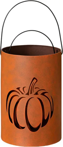Vista 2 de Glitzhome Paquete de 2 portavelas de calabaza con recortes de Halloween, cubo de metal para Acción de Gracias, letreros decorativos de porche
