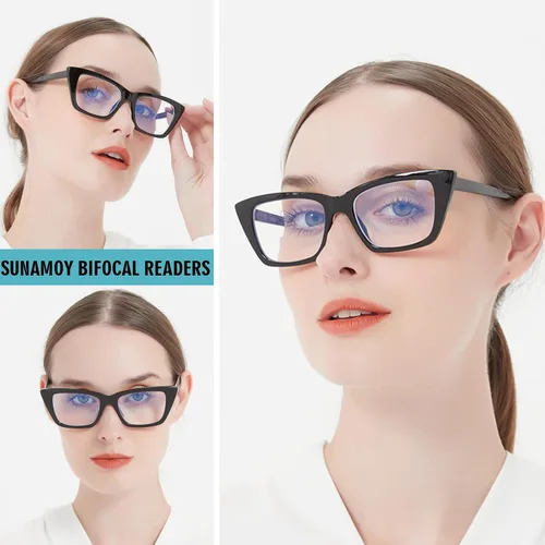 Vista 2 de Gafas de lectura bifocales para mujer, de gran tamaño, ojo de gato, luz azul, para lector de computadora, elegantes y ligeras, a la moda