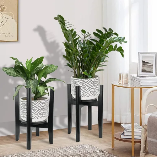 Vista 5 de Soporte ajustable para plantas con bandeja, soporte de madera para plantas de interior para macetas de 8 a 12 pulgadas, moderno soporte para macetas