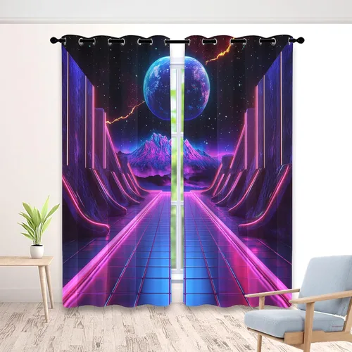 Vista 8 de Synthwave - Cortinas opacas para ventanas de cocina, cortinas de neón Cyberpunk City para decoración de dormitorio, sala de estar, cortinas retro