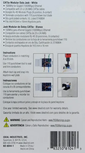 Vista 12 de IDEAL Electrical 89-751WH CAT5e Keystone Modular Jacks, blanco, 10 conectores modulares para conductores CAT5e 22-24 AWG