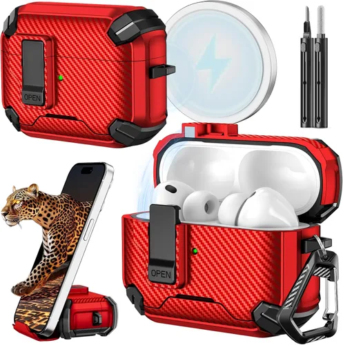 Vista 47 de Inesore Funda para AirPods Pro 1ª/2ª con bloqueo seguro (verde oscuro) Cubierta magnética de bloqueo automático con soporte para teléfono y kit