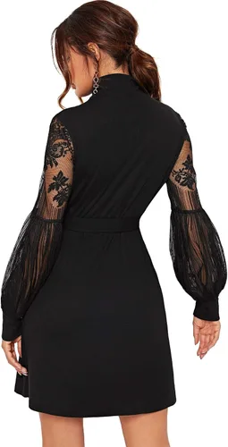 Vista 2 de Romwe Vestido corto de malla con cuello alto falso para mujer estilo túnica y elegante