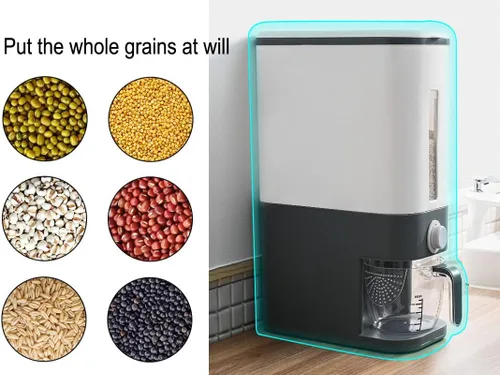 Vista 5 de J-hong Dispensador de arroz de 25 libras, contenedor de grano grande con tapa, cilindro de medición a prueba de humedad, dispensador de cereales