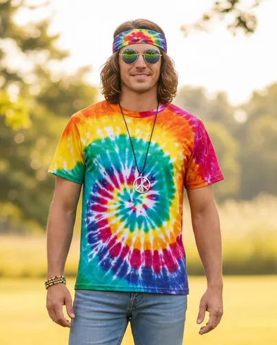 Vista 3 de Disfraz hippie para hombre Momen 60s 70s playera colorida 5 piezas accesorios para fiesta temática
