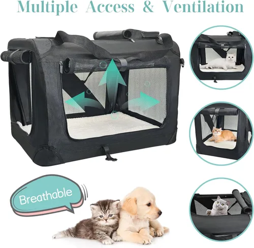 Vista 3 de Fhiny Transportador grande para gatos 2 gatos, 24 x 17 x 17 pulgadas, suave jaula para perros, plegable, portátil, bolsa de transporte para Negro