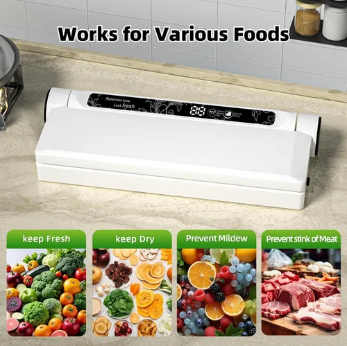 Vista 4 de Máquina selladora al vacío, succión fuerte de 75 KPA, 20 bolsas de sellado al vacío para alimentos, temporizador digital de cuenta regresiva