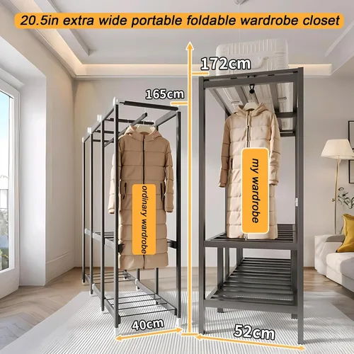Vista 3 de Armario portátil de 49.2 pulgadas para colgar ropa, perchero plegable resistente con tapa, gran cubierta, armarios plegables independientes, Negro
