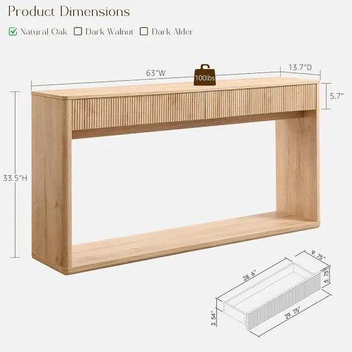 Vista 2 de OKD Mesa consola acanalada de 63" para entrada, mesa de entrada moderna con 2 cajones grandes, mesa de sofá larga detrás del sofá para sala de Roble