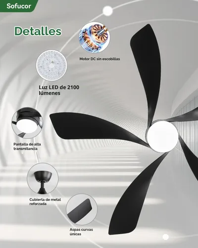 Vista 7 de Sofucor Ventilador de techo moderno inteligente de 52 pulgadas con luz para Negro