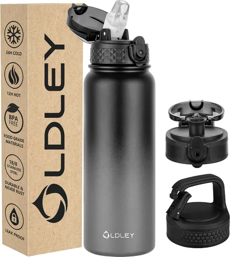 Vista 13 de Oldley Botella de Agua Aislada con Pajilla de 20oz, Botellas de Agua de Acero Inoxidable con 3 Tapas, Aislamiento al Vacío de Doble Pared Térmica