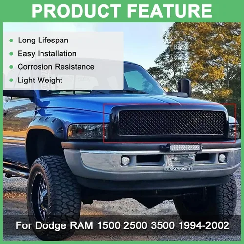 Vista 5 de Parrilla Compatible para Dodge Ram 1500 2500 3500 Parrilla Frontal de Malla 1994 1995 1996 1997 1998 1999 2000 2001 2002