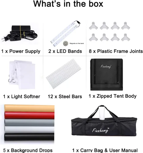 Vista 6 de Finnhomy Kit de iluminación profesional portátil para estudio fotográfico, luz fotográfica, tienda de campaña fotográfica, caja de iluminación, cubo