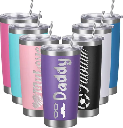 Vista 9 de Vasos personalizados con tapas y pajitas, vasos de acero inoxidable grabados con láser personalizados de 20 onzas con nombre y texto, taza de café