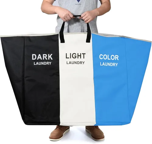 Vista 6 de Cesta de lavandería de 168L, cesta de almacenamiento de mantas grande, organizador de bolsa clasificadora de 3 secciones para ropa sucia - juguetes