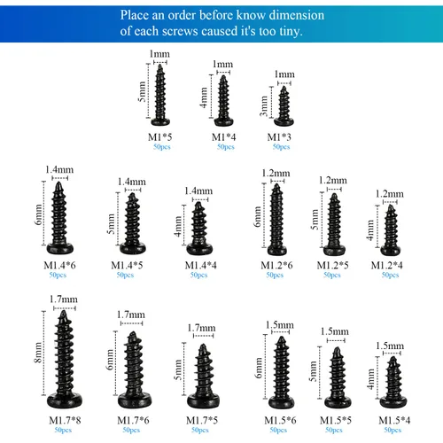 Vista 4 de 750 tornillos negros pequeños para electrónica, M1, M1.2, M1.4, M1.5, M1.7 Tornillos autorroscantes Phillips muy pequeños, tornillos de micro