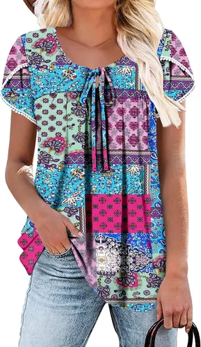 Vista 43 de BETTE BOUTIK Blusas de verano para mujer, plisadas, de manga corta, con cordón, cuello redondo, tallas S-3XL