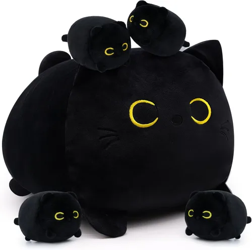 Vista 6 de Almohada de felpa de gato negro, animales de peluche Kawaii de gato negro, linda almohada de gato negro, juguetes de peluche para niños, cumpleaños