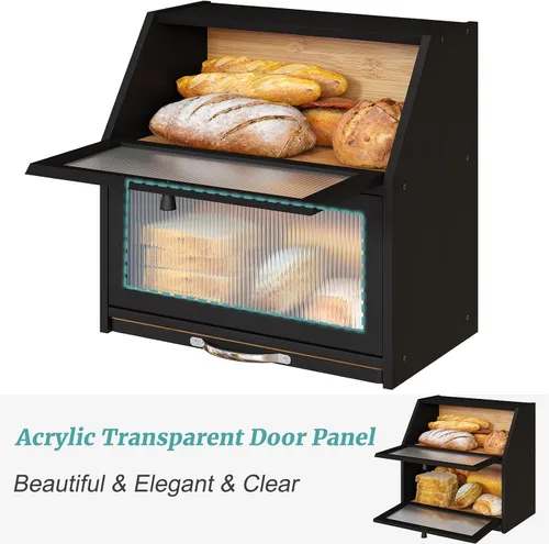 Vista 5 de Panera extragrande con tabla de cortar, panera de madera de bambú para encimera de cocina, contenedor de almacenamiento de pan de gran capacidad
