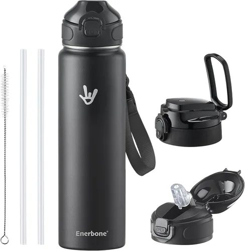 Vista 20 de Enerbone Botella de agua aislada de 24 onzas, 2 tapas de 24 onzas (con pajilla / sin pajilla), frasco de doble pared de acero inoxidable