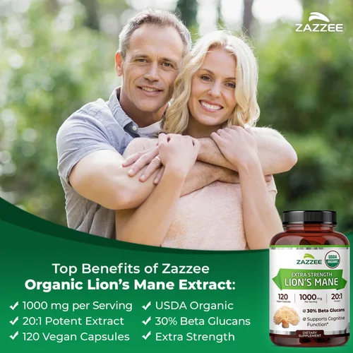 Vista 4 de Zazzee USDA Organic Lion's Mane 20:1 Extracto 20:1, 1000 mg por porción, 30% beta-glucanos, 120 cápsulas veganas, nootrópico para la salud cerebral