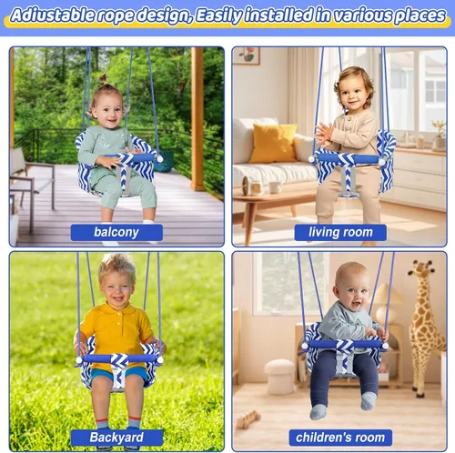 Vista 6 de Cómodo asiento de columpio para niños, columpio de bebé resistente, columpios de árbol colgantes de lona with Adjustable Rope, Safety Harness