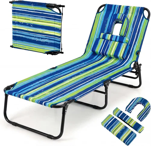 Vista 10 de Giantex Silla bronceadora, silla de patio ajustable con orificio para la cara, almohadas extraíbles, correa de transporte, silla de diseño, silla