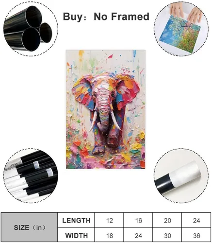 Vista 2 de Fyzuf Arte de pared de elefante - Pintura al óleo sobre lienzo, estilo cubismo, elefante colorido, estético, 12 x 18 pulgadas (11.8 x 17.7 in), sin