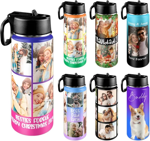 Vista 14 de Botella de agua personalizada con foto y pajita, 18 oz/32 oz, botella de agua deportiva de acero inoxidable personalizada con 1-9 imágenes, nombre