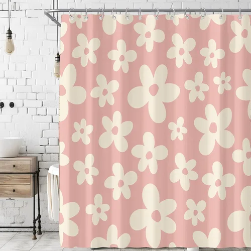Vista 28 de Cortina de ducha pequeña para casa rodante, tamaño medio, estilo retro de los 70, con flores bonitas, estética abstracta de margaritas, decorativa