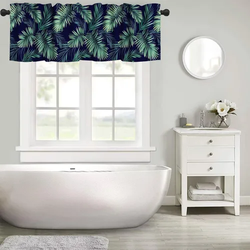 Vista 5 de Cortina de cenefa de hojas verdes tropicales, diseño de hojas de palmera, cenefa con bolsillo para barra, 1 panel, cortinas cortas para cocina