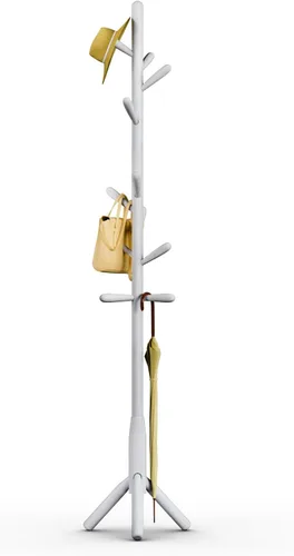 Vista 16 de Perchero de madera maciza, perchero independiente en forma de árbol con 11 ganchos, poste principal de 1.6 pulgadas de diámetro para ropa, soporte