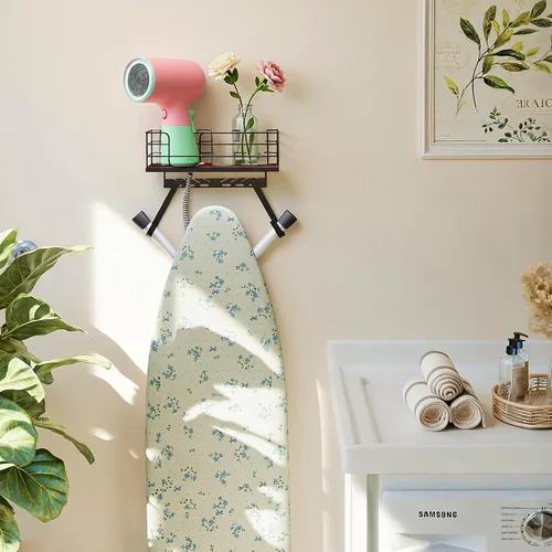 Vista 5 de THYGIFTREE Gancho ajustable para tabla de planchar para montaje en pared, se adapta a tablas en forma de T e Y, marco de metal con estante de madera