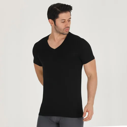 Vista 4 de BAMBOOVEN Paquete de 3 camisetas con cuello en V y rayón de bambú para Cuello en V - Negro