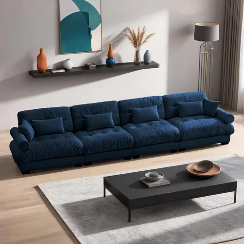 Vista 24 de Reposapiés Otomano Tapizado de Terciopelo con Cojín para Sofá Seccional Sofá 300 libras para Sala de Estar (Beige)