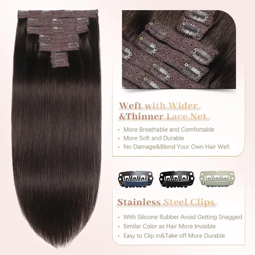 Vista 3 de Sisily Extensiones de cabello humano real con pinzas, extensiones de cabello humano real de alta calidad, color marrón oscuro, extensiones