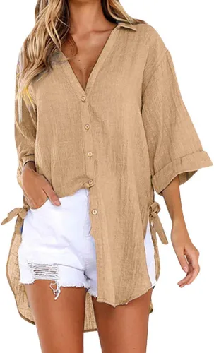 Vista 48 de Camisas de manga larga con botones para mujer, asimétricas, casuales, con cordones, túnica de gran