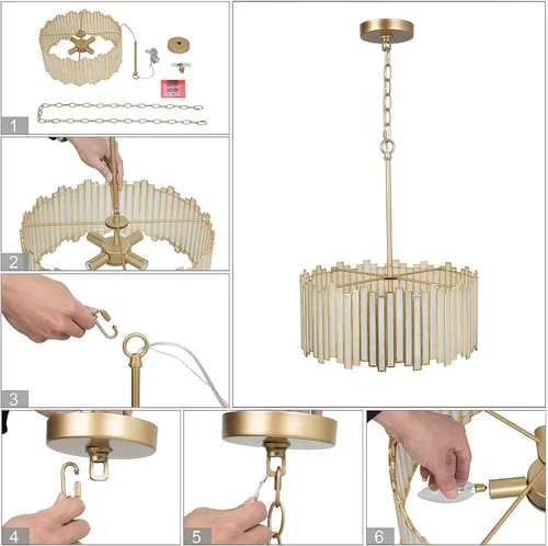 Vista 8 de Durent Lighting Candelabro de tambor dorado de 4 luces moderno con pantalla de vidrio crema, lámpara colgante de techo redonda de 16 pulgadas