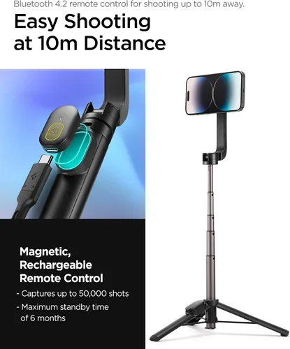 Vista 5 de Spigen Soporte de Trípode para Palo de Selfie con Control Remoto Bluetooth y Obturador, Extensible de 24", Compatible con MagSafe iPhone