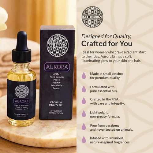 Vista 6 de Aceite de utilidad Aurora Premium - Para Mujer - Mandarina, Limón, Melocotón, Jazmín, Ámbar y Bálsamo de Perú - Mezcla nutritiva radiante