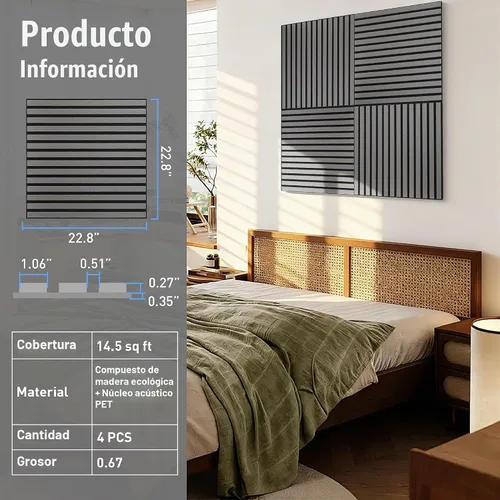 Vista 3 de Paneles de pared de listones de madera acústica para despegar y pegar, paneles insonorizados de grano de madera 3D de 23 x 23 pulgadas, paquete