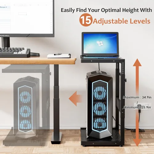 Vista 2 de JANE EYRE - Soporte ajustable para computadora para videojuegos: altura de 15 niveles Soporte para CPU con ruedas giratorias y toma de corriente