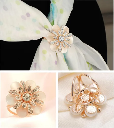 Vista 145 de 4 piezas de clip de anillo de bufanda para mujer, broche de perlas y flores, hebilla de metal para chal, accesorios de decoración para damas y niñas