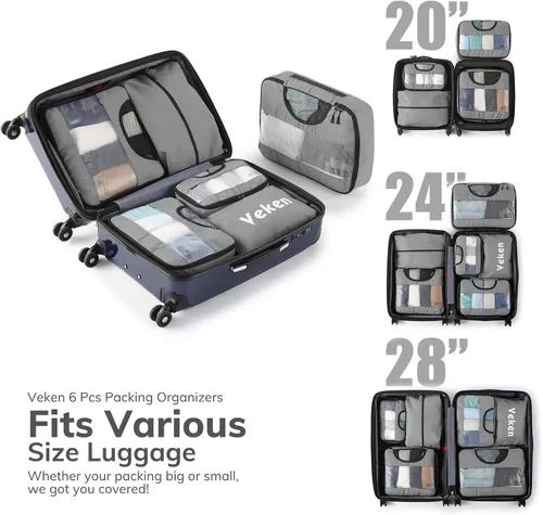 Vista 4 de Veken - Juego de 6 estuches organizadores equipaje de viaje incluye bolsa para ropa sucia y bolsa para zapatos gris VK456