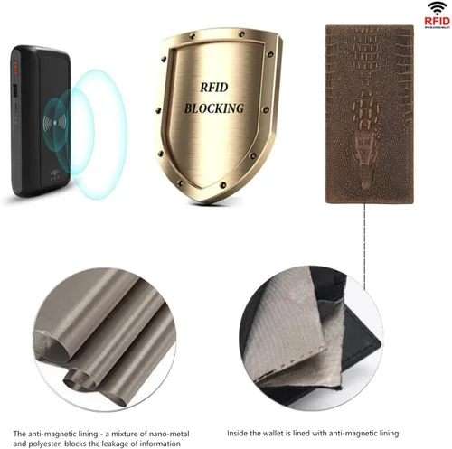 Vista 4 de Cartera larga para hombre, doble pliegue, piel de vaca de grano superior, estampado de cocodrilo, múltiples ranuras para tarjetas., Marrón, Vogue