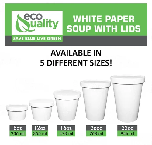 Vista 2 de EcoQuality Recipientes desechables de papel blanco para sopa de 32 onzas con tapas, paquete de 100