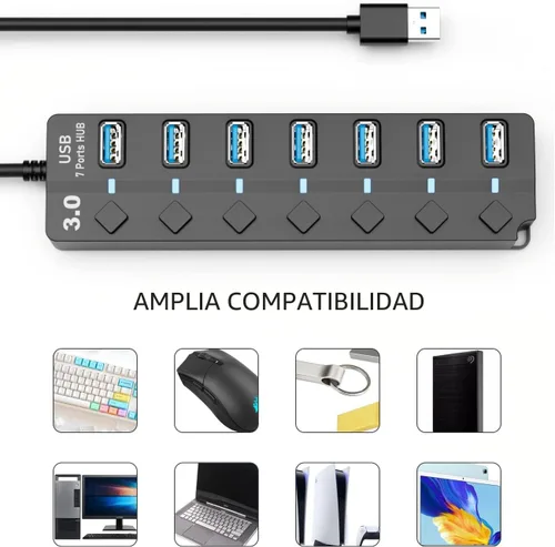 Vista 7 de Hub USB 3.0, PANPEO Divisor de Hub de Datos USB de 7 Puertos con Cable de 3 ft de Largo Extensión USB para Laptop, Computadora PC, Surface Pro
